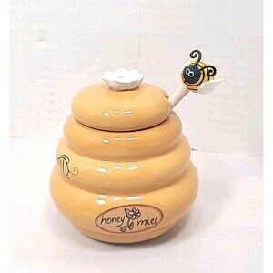 Mini Honey Pot Ceramic Jar & Wood Dipper Beehive Bee